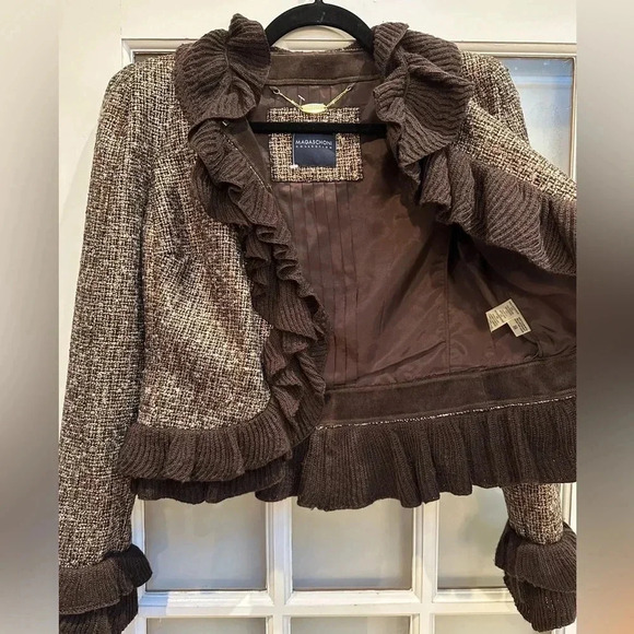 Magaschoni Collection Gold Metallic Tweed Ruffled Wool Blend Jacket Size 2 - Picture 3 of 16